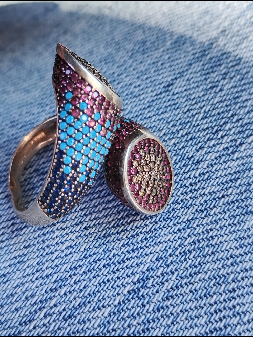 Sterling Silver Double-Circle Statement Ring with Turquoise and Purple Stones - Picture 4 of 5